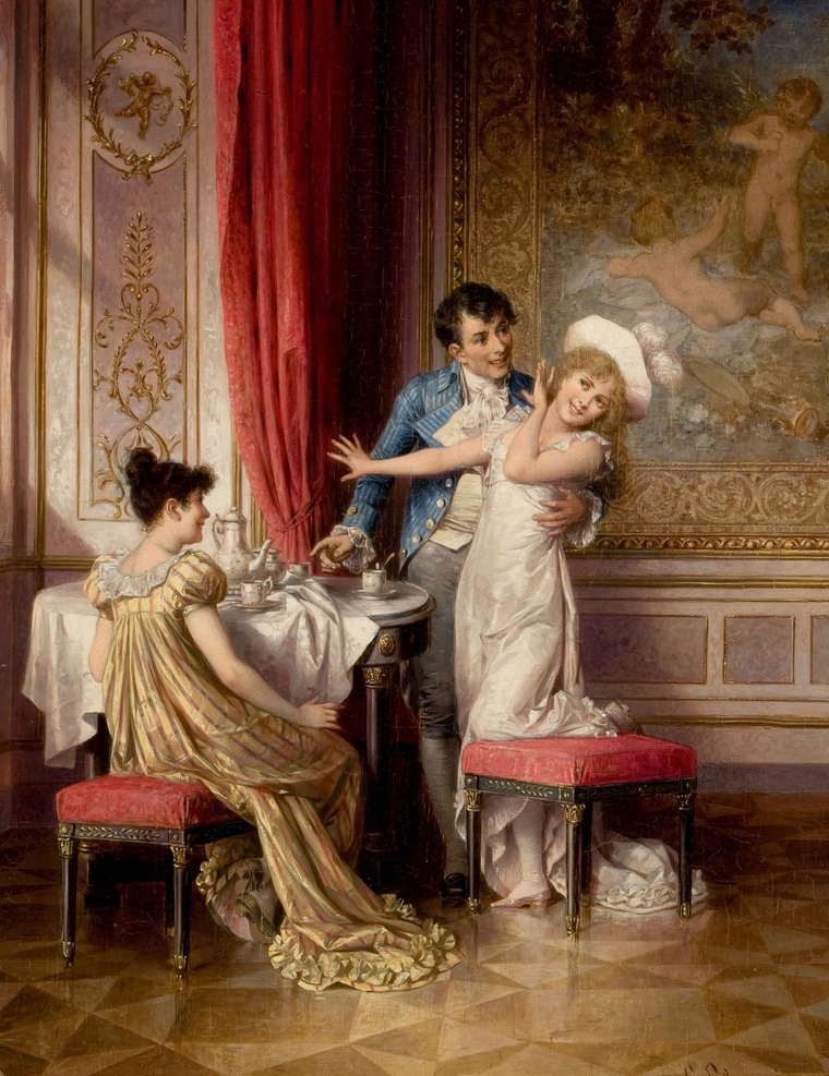 卡尔 施 韦 格 作品 奥地利画家 年轻人 相互嬉戏 贵族之家 二女一男 19世纪油画 油画 文化艺术 绘画书法