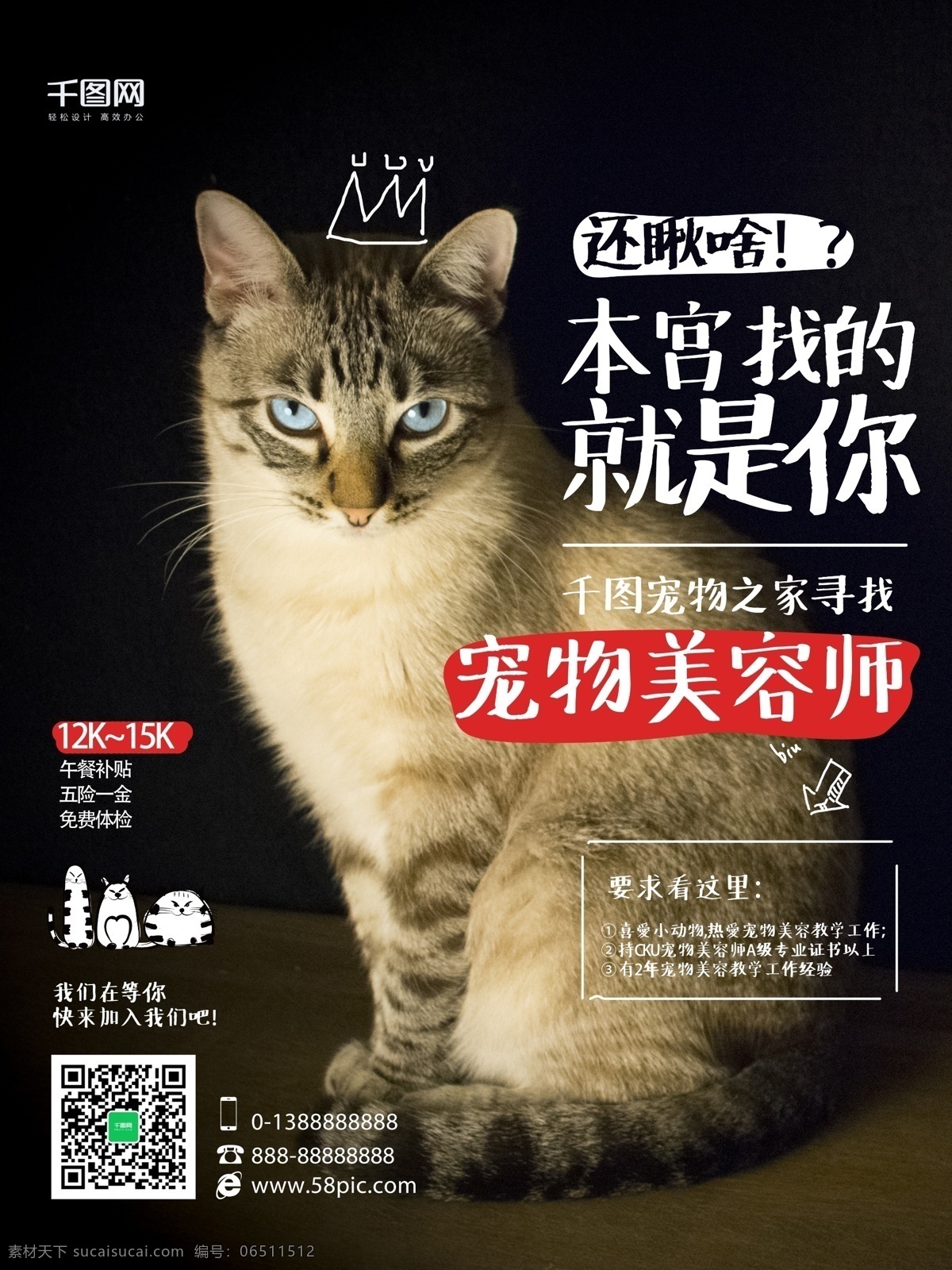 黑色 简约 猫咪 宠物 美容师 招聘 海报 爱心 用人 单位 寻找 简笔 高贵 傲娇 应聘 神秘