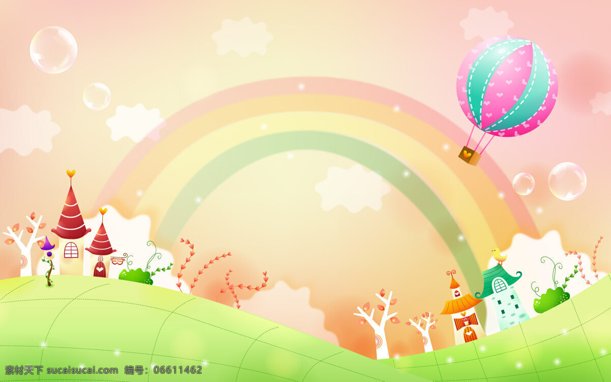 童话世界 热气球 童话 彩虹 泡沫 绿色 动漫动画 风景漫画