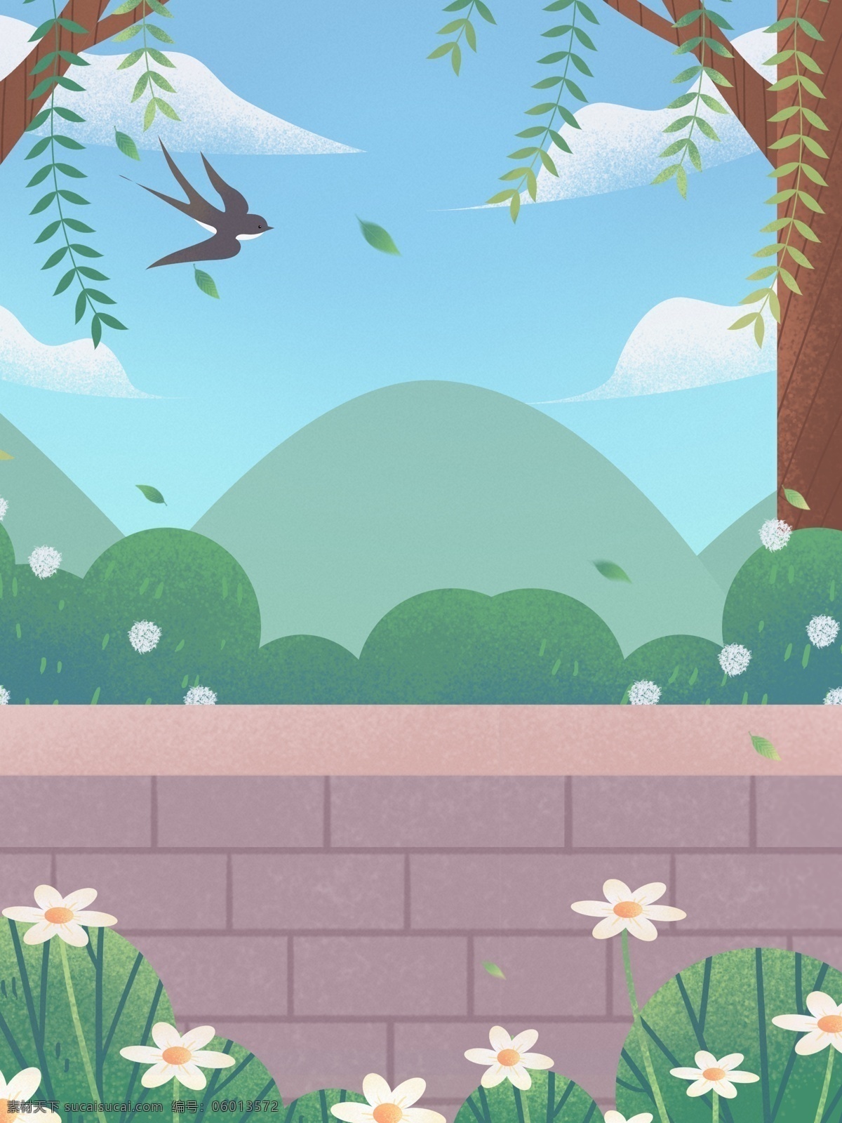小 清新 治愈 系 墙 外 风景 插画 背景 绿色背景 唯美背景 广告背景 背景素材 植物背景 树林背景 柳树 墙外风景