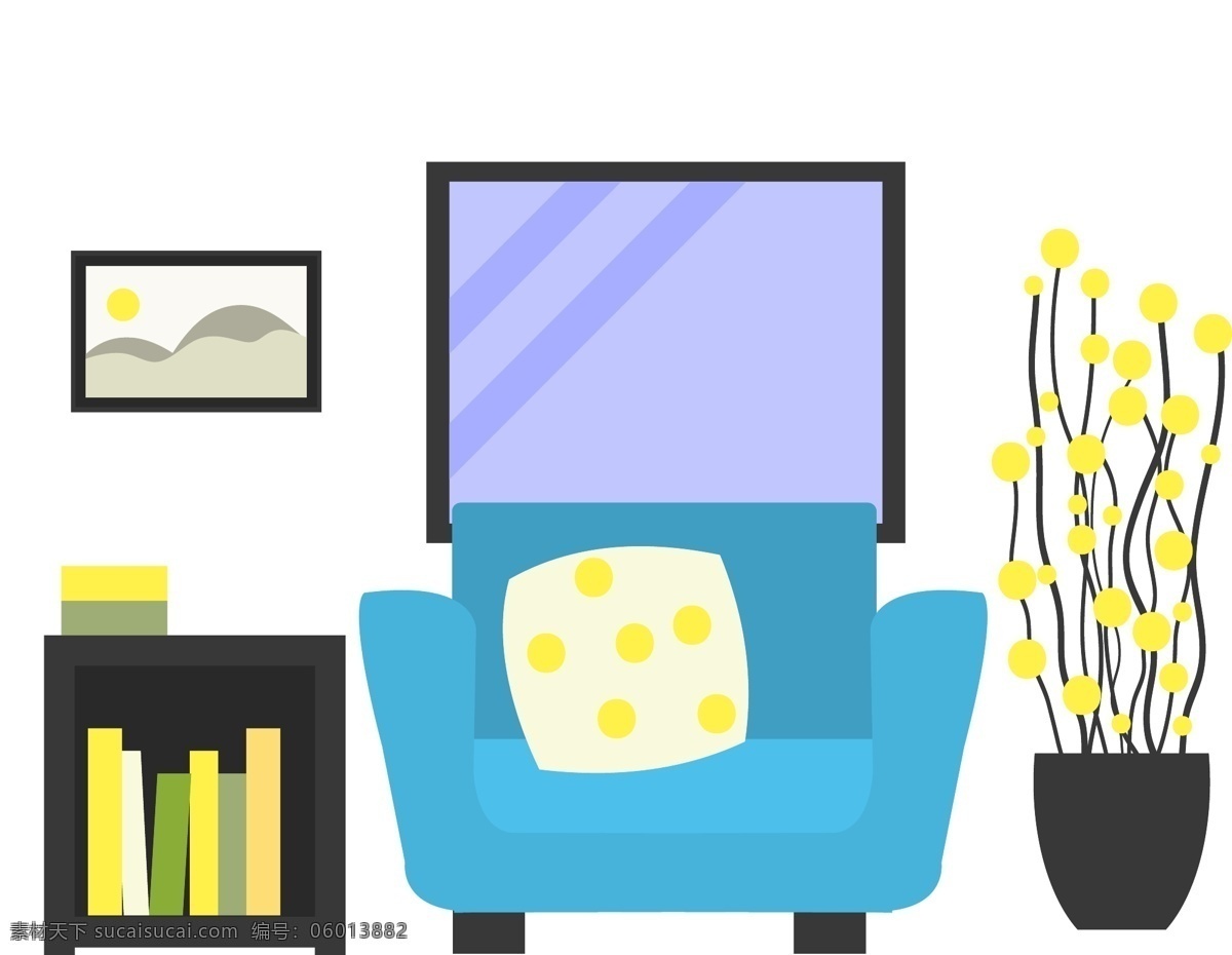 室内 家居 沙发 植物 柜子 装修 用品 家具 矢量图 免抠图 书本 靠垫 墙画