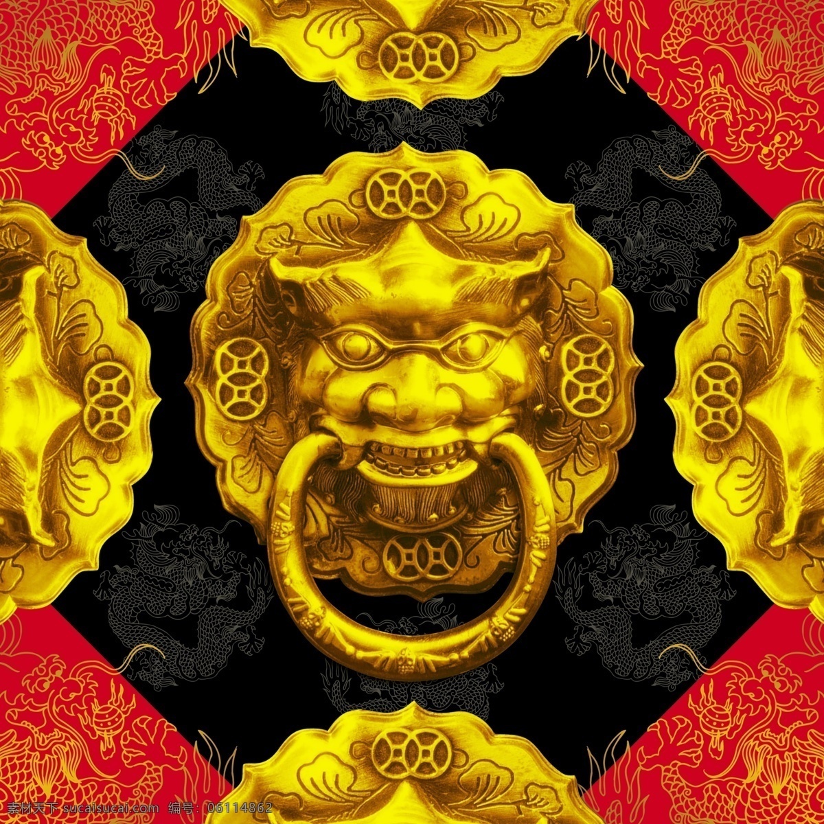 龙狮争霸 龙纹 狮子 狮头 红色 图案 中国传统图案 门环 金色 中国古典 龙 分层 源文件库