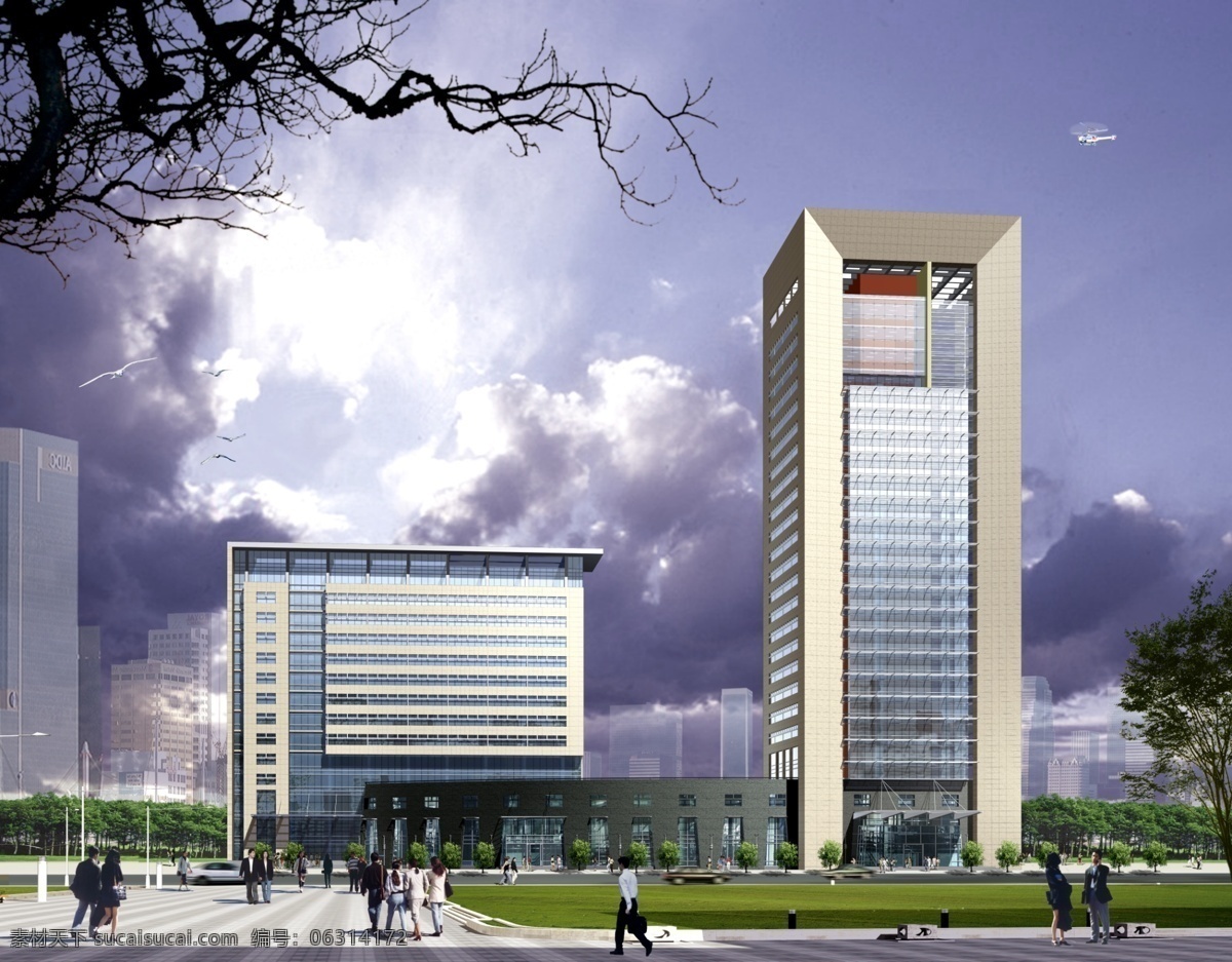 高清晰 精品 园林景观 设计素材 分层 库 城市景观 房地产 景观 园林 版 高楼 建筑 蓝天白云 楼房 朴 枫 树木 树枝 写字楼 天空 装饰素材