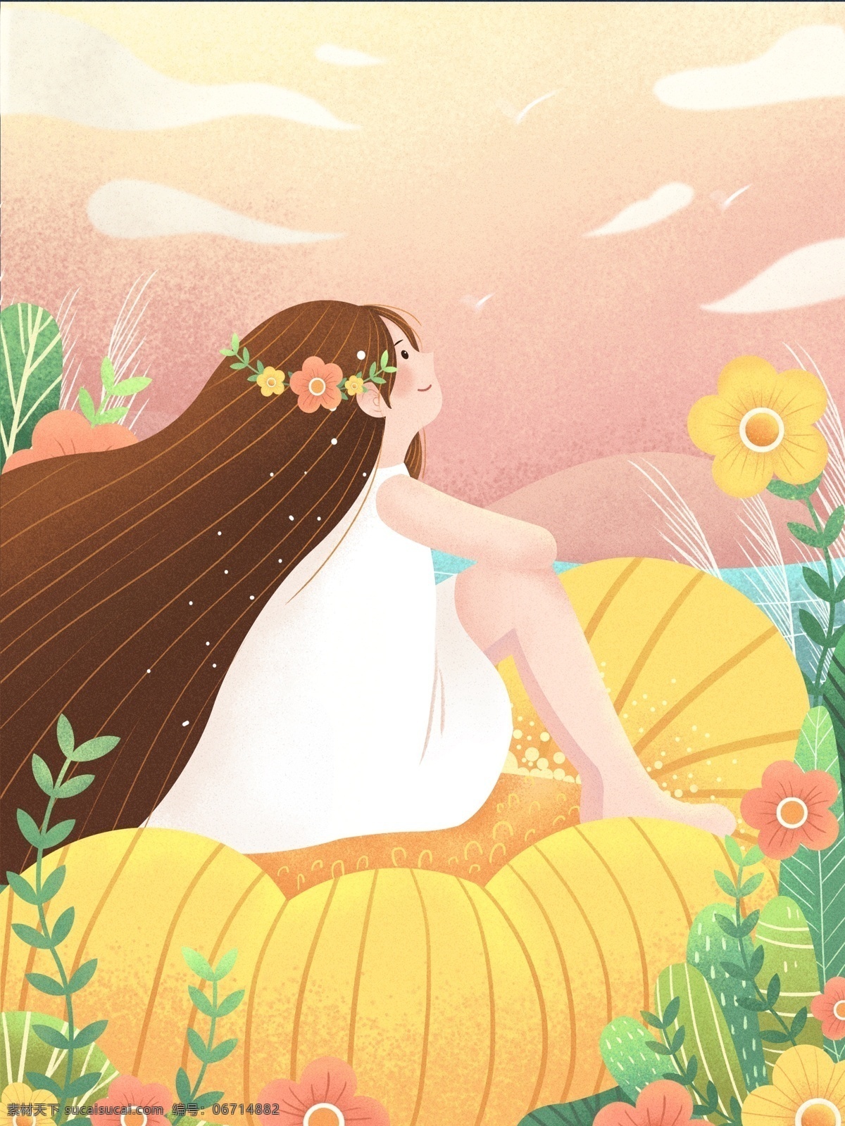治愈 系 小 清新 插画 花丛 中 眺望 天空 少女 小清新 花朵 花草 人物 可爱 治愈系 植物 眺望天空 商业插画 手机用图 壁纸 背景