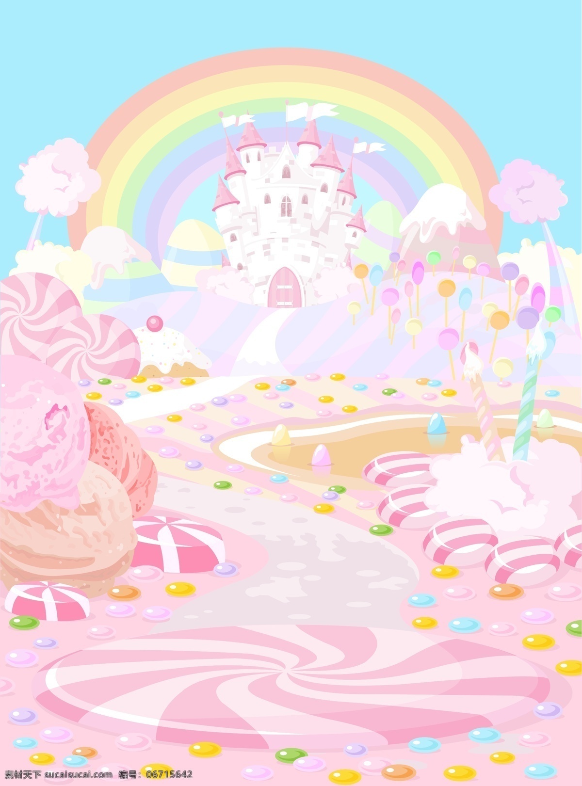 卡通 甜蜜 糖果 世界 插画 可爱 城堡 彩虹 童话