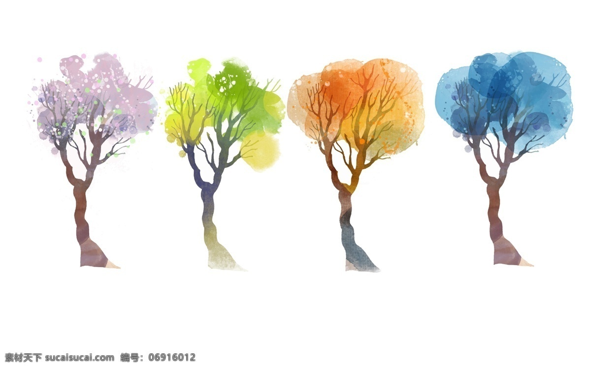 四季 水彩 树木 矢量 原创作品 自然景观 自然风光