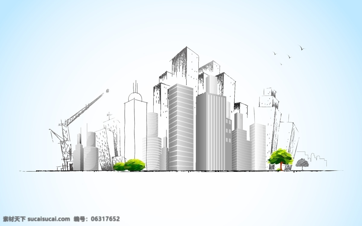 手绘 城市 建筑 矢量图 高楼大厦 绿树 建筑下载 城市楼房 塔吊 手绘建筑 手绘城市建筑 建筑矢量素材