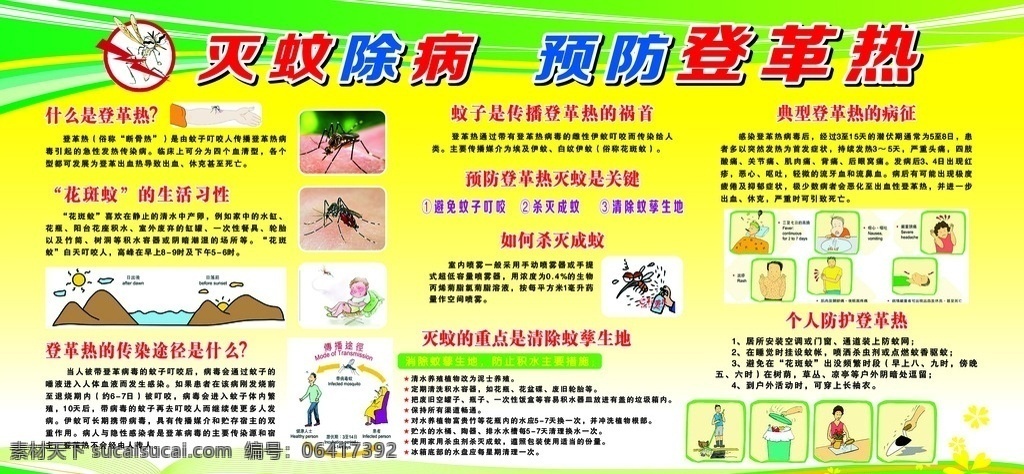 登革热 什么是登革热 登革热的病征 预防登革热 花斑蚊 灭蚊 流感传染途径 人个防护传染 灭蚊除病 宣传单 疾控宣传单 展板模板