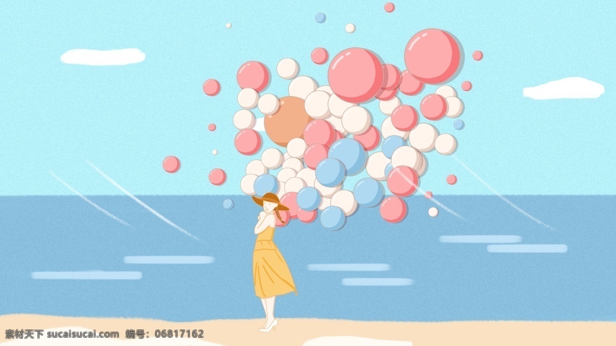 小 清新 小女孩 海边 放 气球 世界 旅游 日 插画 小清新 世界旅游日