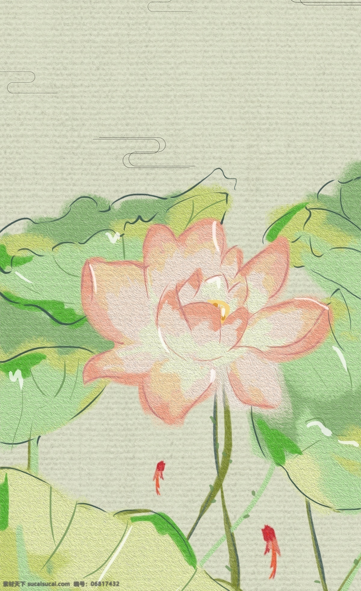 大暑 荷塘 赏 荷花 插画 背景 中国风背景 壁纸 赏花 插画背景 荷叶 蓝天 绿山