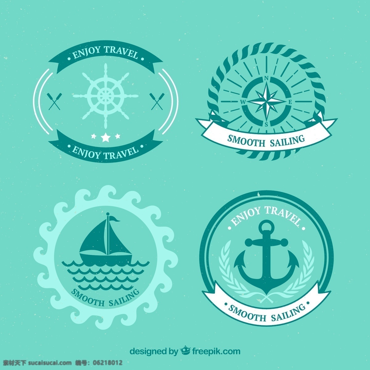 航海 标签设计 徽章 圆 海 地势平坦 海浪 丝带 绳索 船 锚 海洋 平 贴纸 元素 圆形 水手徽章帆船