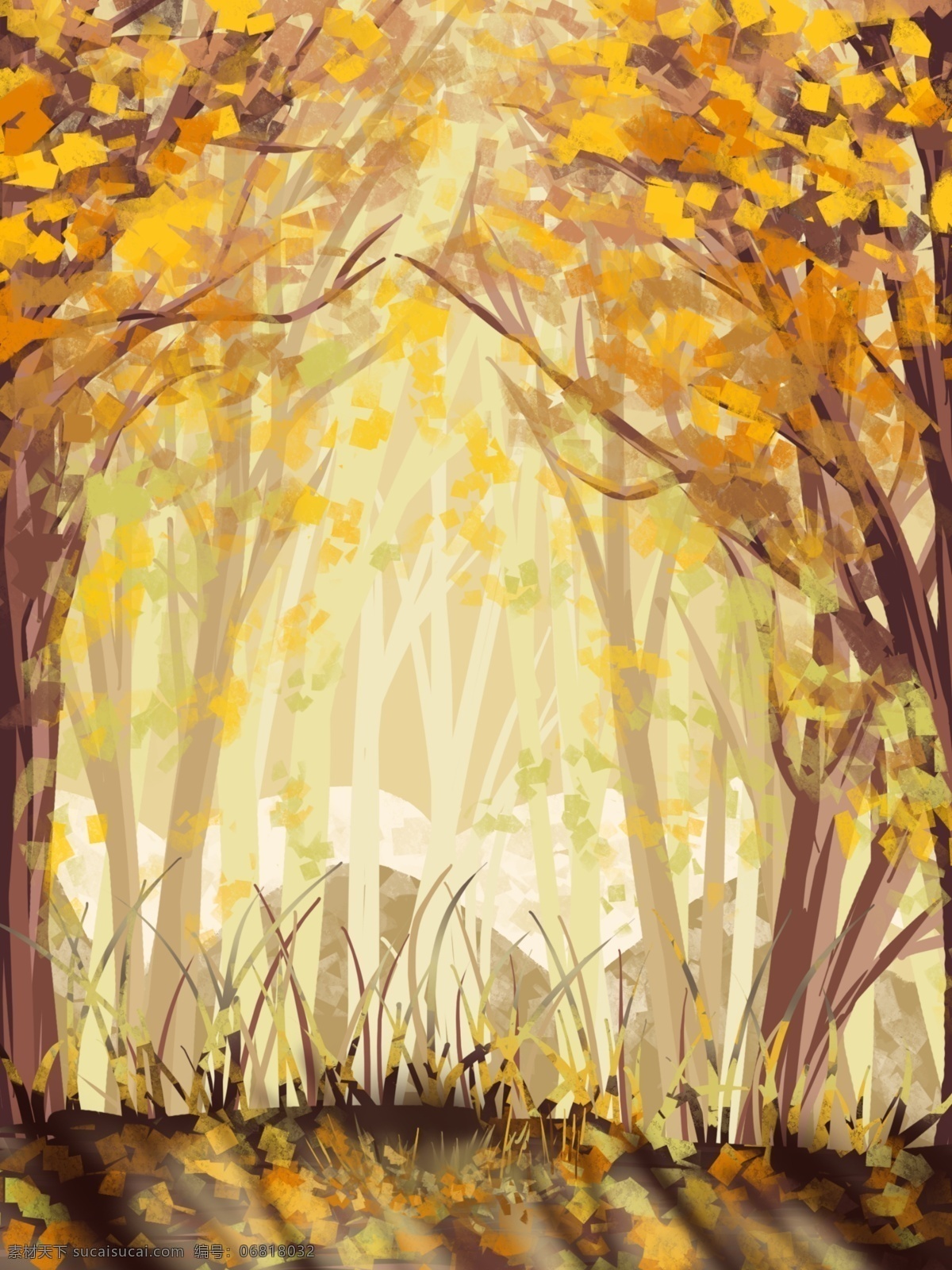 唯美 金秋 户外 景色 插画 背景 森系背景 落叶 插画背景 植物背景 景色插画背景 治愈系背景