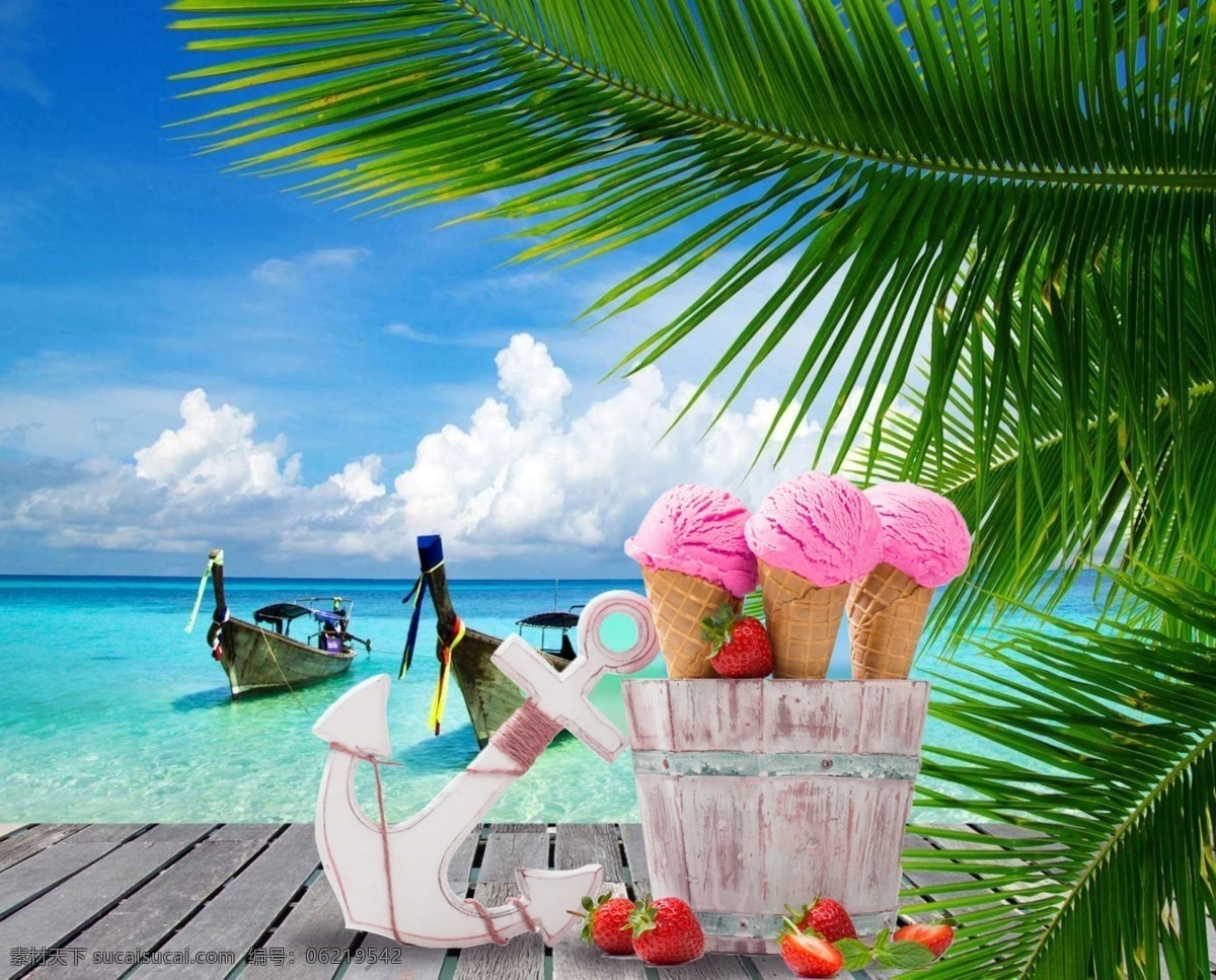 沙滩风景 沙滩 海滩 风景 冰淇淋 船锚 船 海滩风景 蓝天白云 棕榈叶 草莓 夏日沙滩