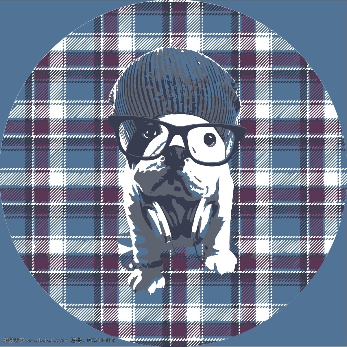 格子布 时尚 眼镜 狗 矢量图案 时尚眼镜 狗狗 pug