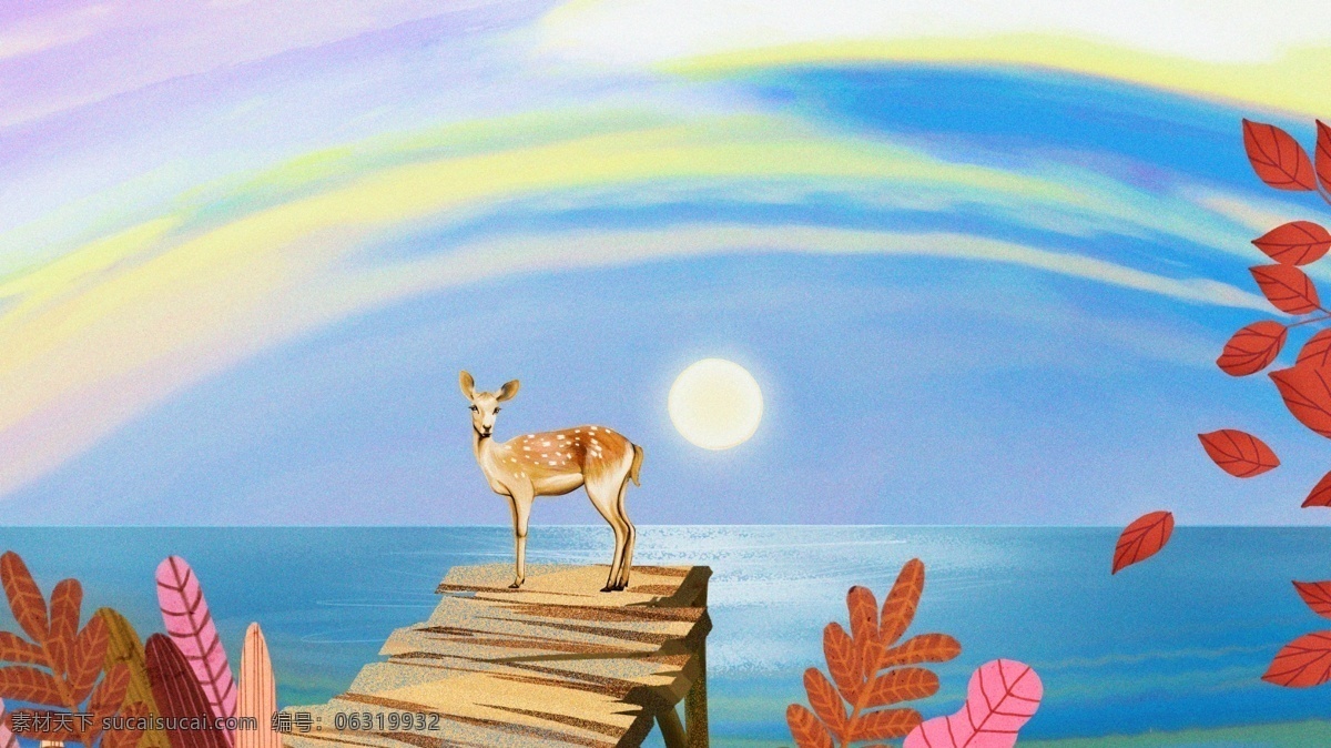 秋季 治愈 系 鹿 秋叶 天空 白云 湖水 桥 插画 壁纸 唯美 树叶 动物 海报 立秋 秋分 秋天你好 彩云