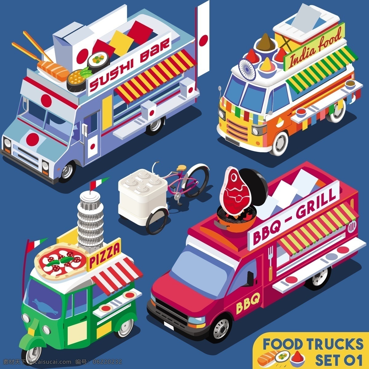 卡通 餐车 等距 漫画 日本料理 烧烤 快餐车 卡通车辆 等距插画 等距漫画 卡通漫画 交通工具 披萨 现代科技 矢量素材
