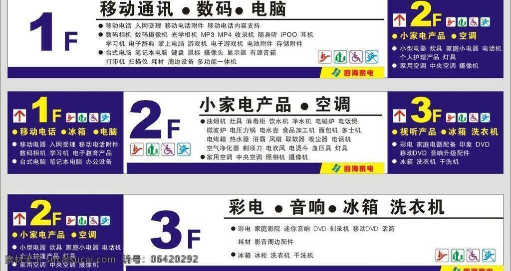 家电 楼层牌 路标 商场 商品 指示牌 指引 矢量 四海家电 商场内 商品简介 psd源文件