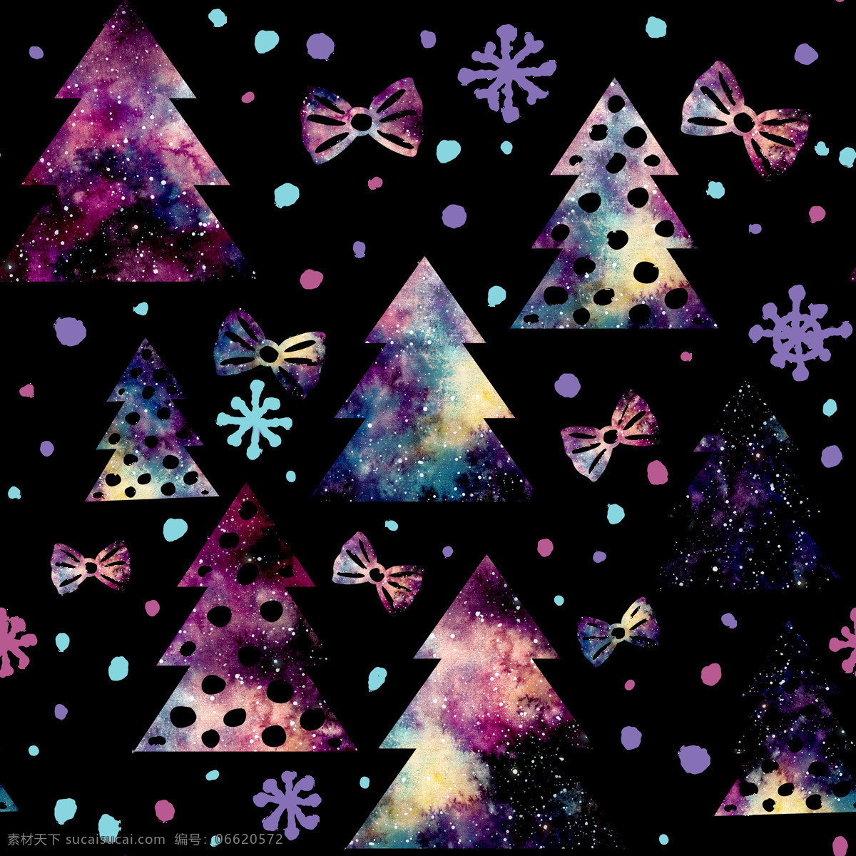 手绘 缤纷 渐变 圣诞树 背景 蝴蝶结 免扣素材 水彩 透明素材 小雪花 装饰图案 紫色