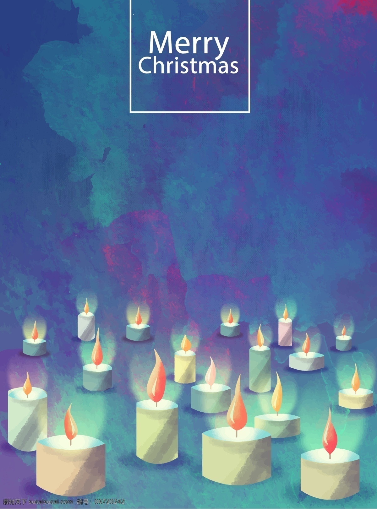 矢量 水彩 梦幻 手绘 圣诞节 背景 复古 海报 节日 蜡烛 蓝色 质感 烛光
