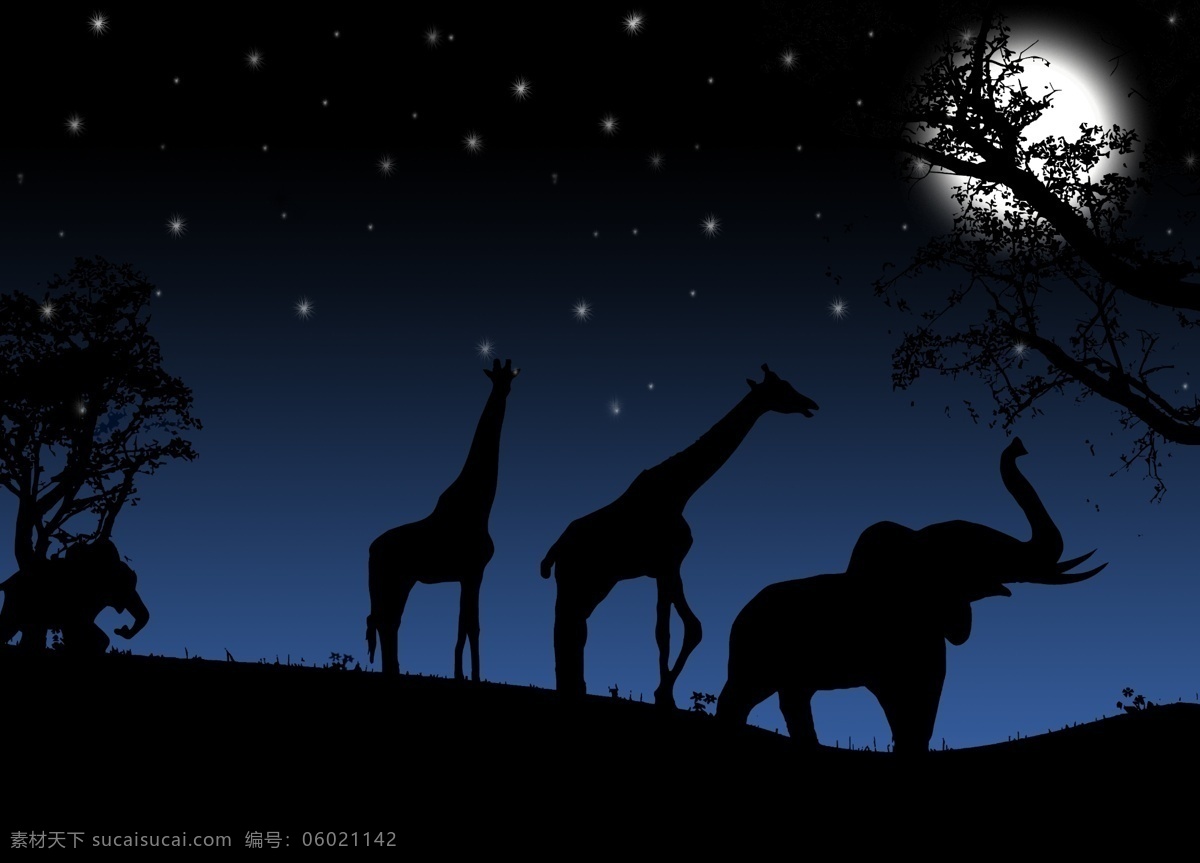 夜晚动物剪影 大象 长颈鹿 夜晚 分层 源文件