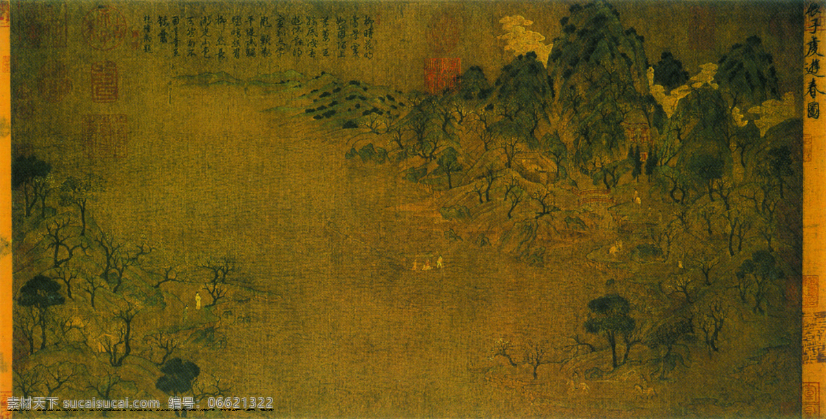 背景 风景 绘画书法 山水画 设计图库 书法 树林 水墨画 游春 图 设计素材 模板下载 游春图 中国工笔画 印章 展子虔 松树 文化艺术 家居装饰素材 雕刻 图案