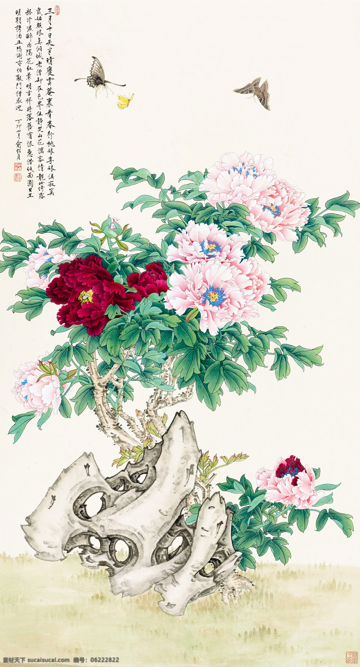 庆云牡丹图 刺绣 蝴蝶 牡丹花 室内装饰设计 中国画 镜心 设色纸本 工笔花卉草虫 中国十大名花 俞致贞作品 工艺美术 平面广告 装饰设计 文化艺术