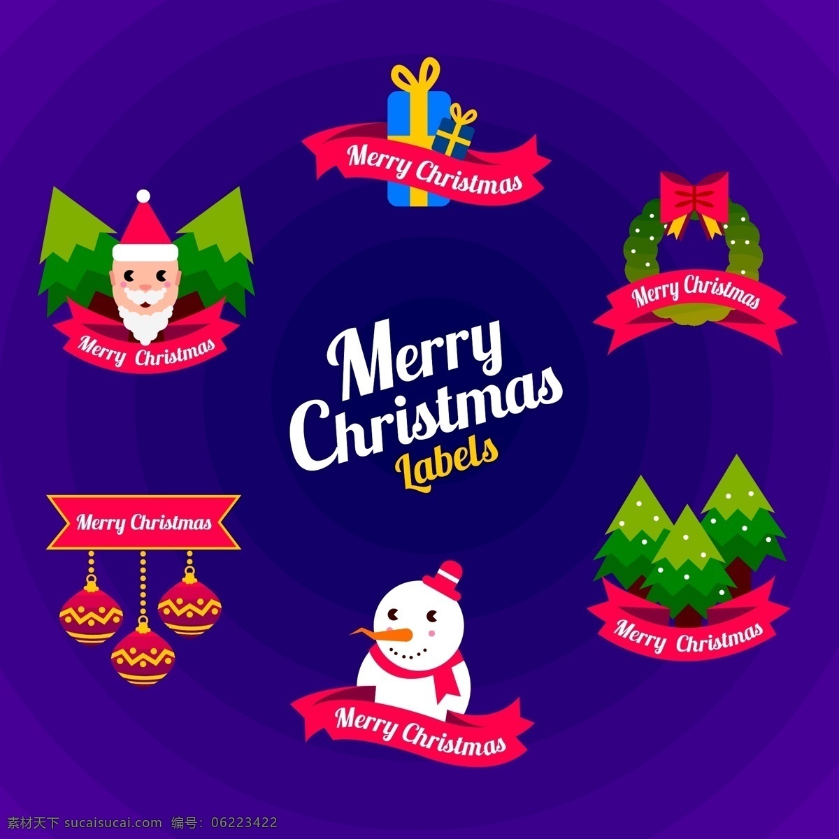 创意 可爱 圣诞节 标签 礼物 圣诞树 矢量素材 彩色 圣诞老人 花环 雪人 英文