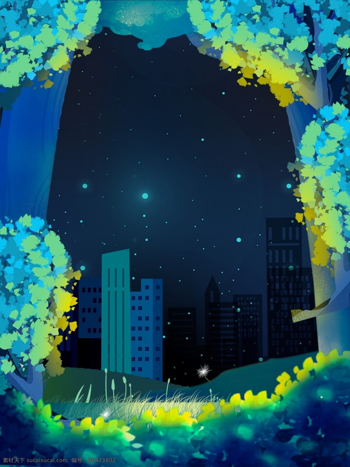 治愈 系 夜晚 树林 插画 背景 卡通 手绘 清新背景 森林背景 树林背景 插画背景 风景背景 广告背景