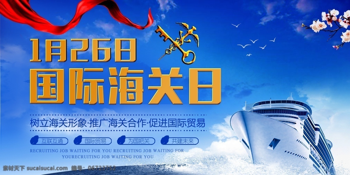 蓝色 国际 海关 日 展板 帆船 创意展板 国际海关日 海关日海报 海关日宣传 国际贸易 宣传 创意展板设计