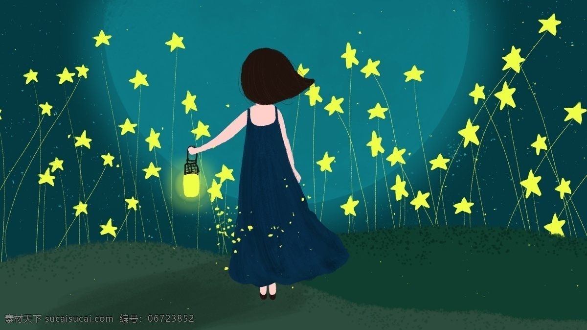 晚安 你好 月亮 星星 花 萤火虫 女孩 背影 手机 配 图 夜晚 清新 手绘插画 晚安你好 星星花 女孩背影 打灯 手机配图 治愈