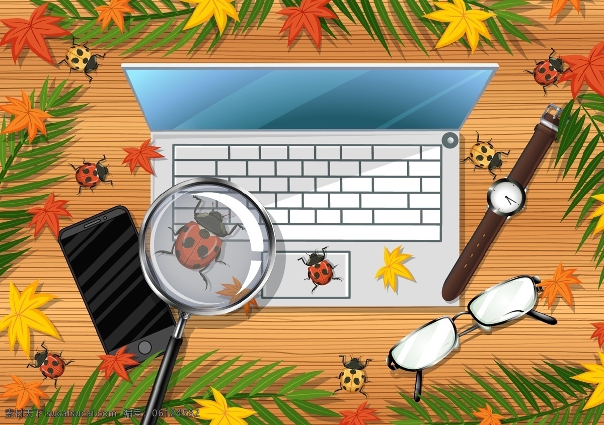 卡通昆虫图片 卡通昆虫 昆虫 电脑 手表 桌面 放大镜 手机 树叶 卡通动物生物 卡通设计
