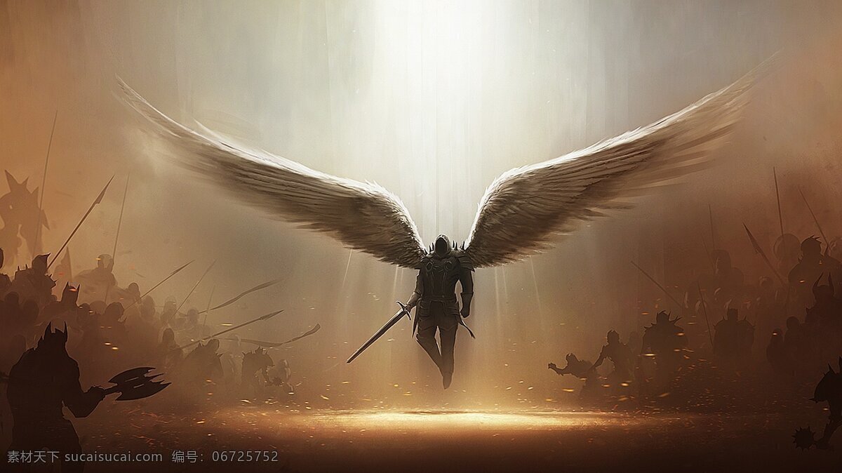 天使 壁纸 翅膀 战争 剑 铠甲 凌空 光芒 包围 兵器 共享 图 似 真实 幻