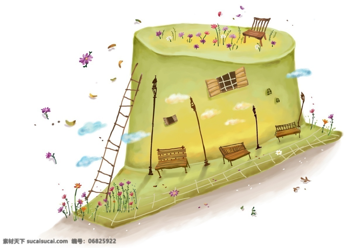 绿色 房子 旁 长椅 梯子 psd素材 插画 房屋 绿色房子 psd源文件
