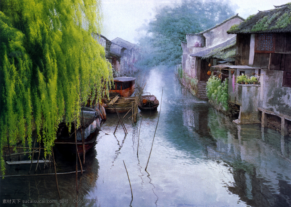 江南水乡 古代建筑 民房 老房子 实真油画 油画风景 石拱桥 翠柳树 小舟渔船 绘画书法 文化艺术