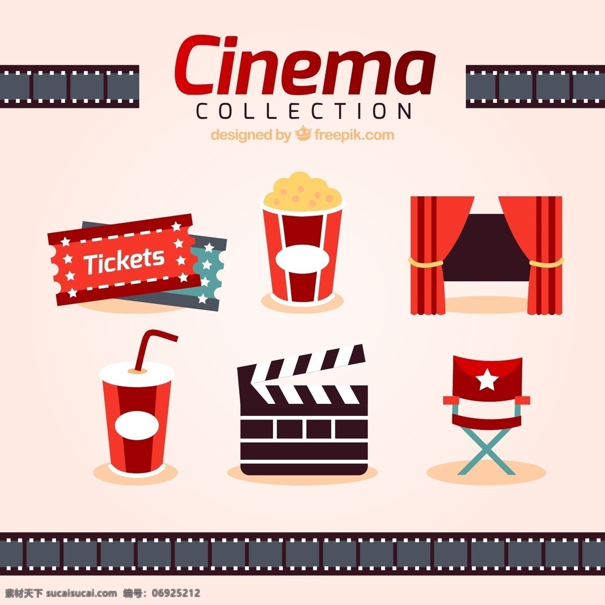 电影院图标 框架 影院 影片 红色 平面 电影 饮料 窗帘 椅子 娱乐 爆米花 显示 屏幕 剧院 座椅