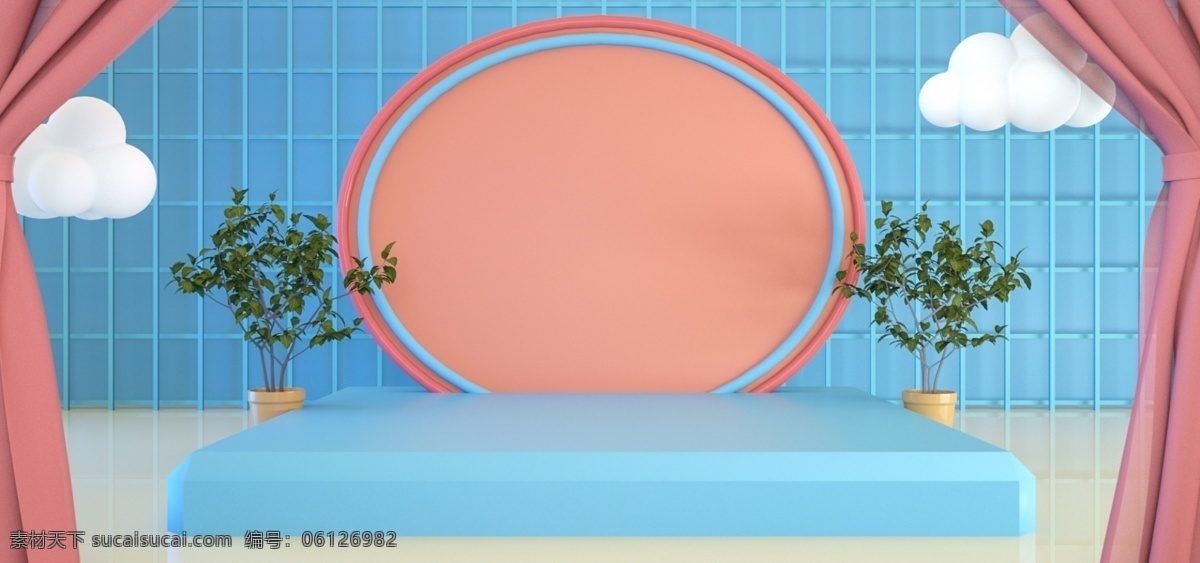 春季 上 新 糖果 色 c4d banner 背景 春季上新 上新 糖果色 清新 展台 植物 窗帘