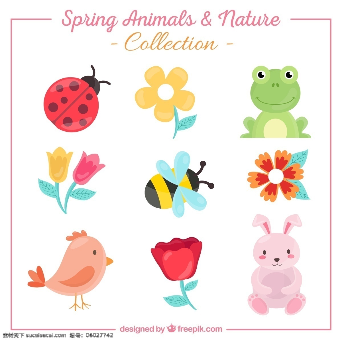 手绘 动物 花卉 自然 春天 可爱 蜜蜂 多彩 青蛙 兔子 瓢虫 昆虫 可爱的 收集 彩色的集合