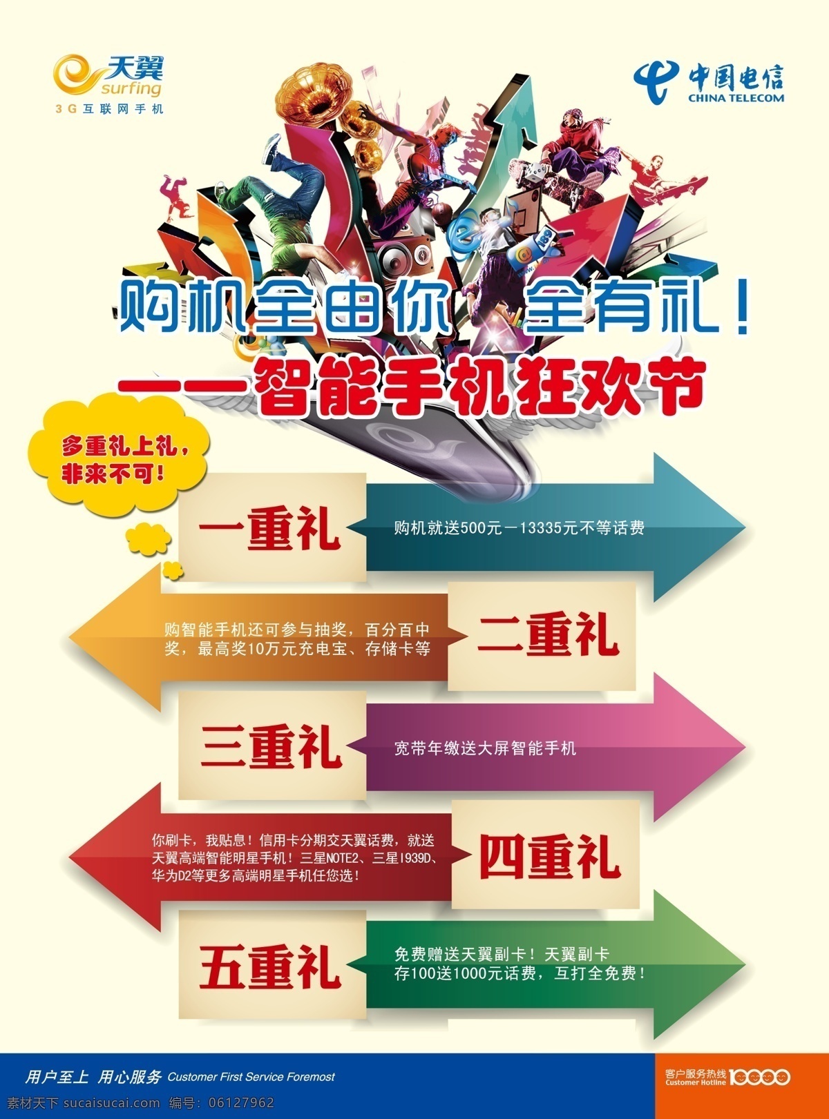 电信宣传单 模版下载 中国电信 天翼 五重礼 箭头 手机 上网 狂欢节 缤纷有礼 智能手机 炫彩 充电宝 刷卡 大屏幕 宽带 三星 华为 话费 dm宣传单 广告设计模板 源文件 白色