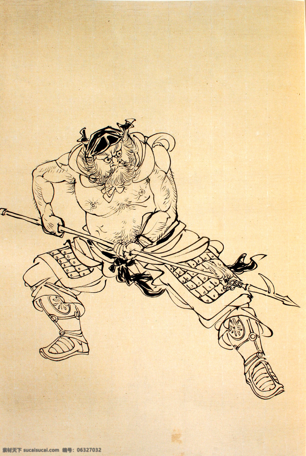 白描人物 古装 男人 男性 男子 士兵 肌肉 壮实 盔甲 长枪 兵器 传统艺术 国画 工笔 线描 古典 中国风 蔡 岚 人物 白描 绘画书法 文化艺术