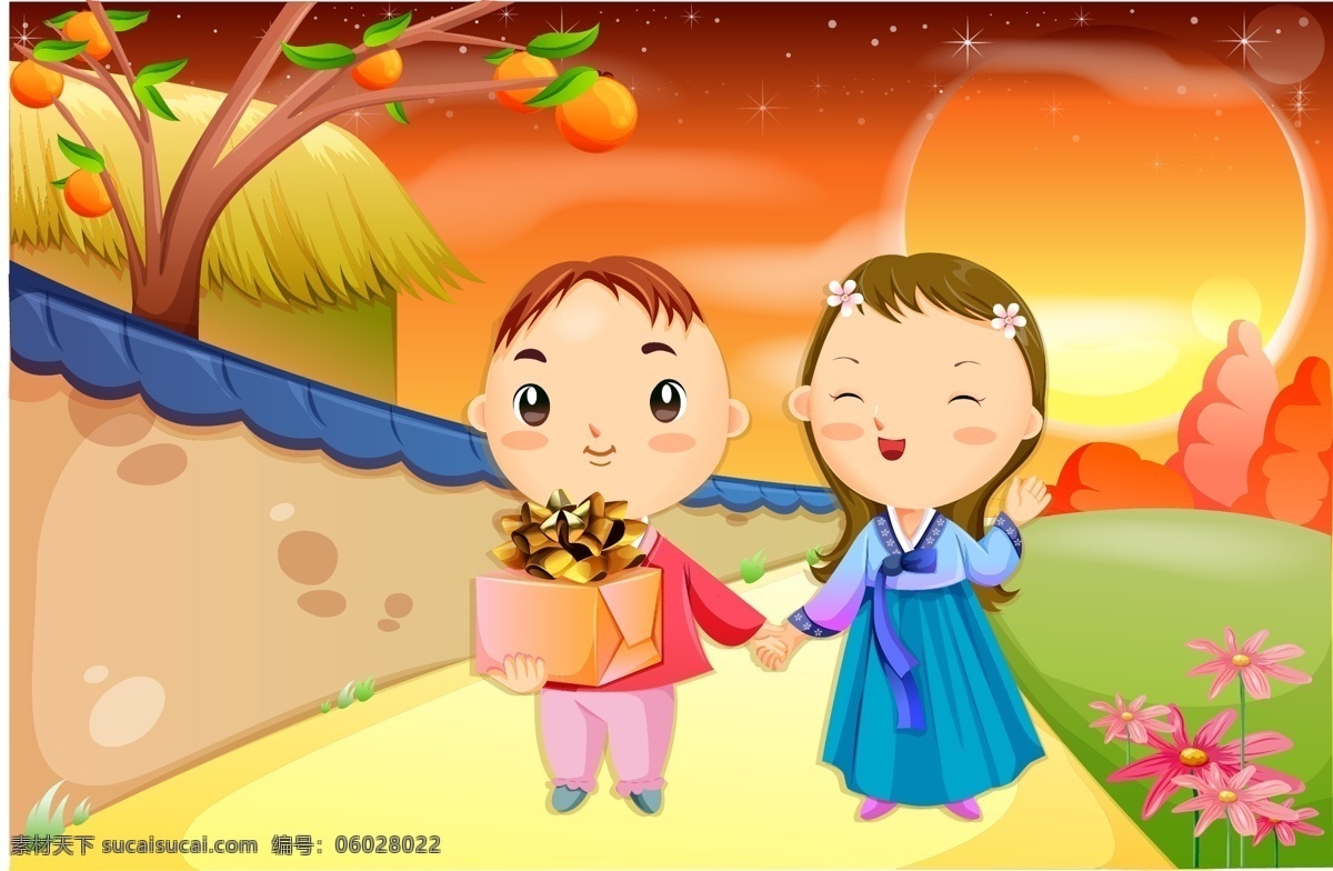 穿着 服装 手拉手 的卡 通 人物 果树 花朵 围墙 矢量图 矢量人物
