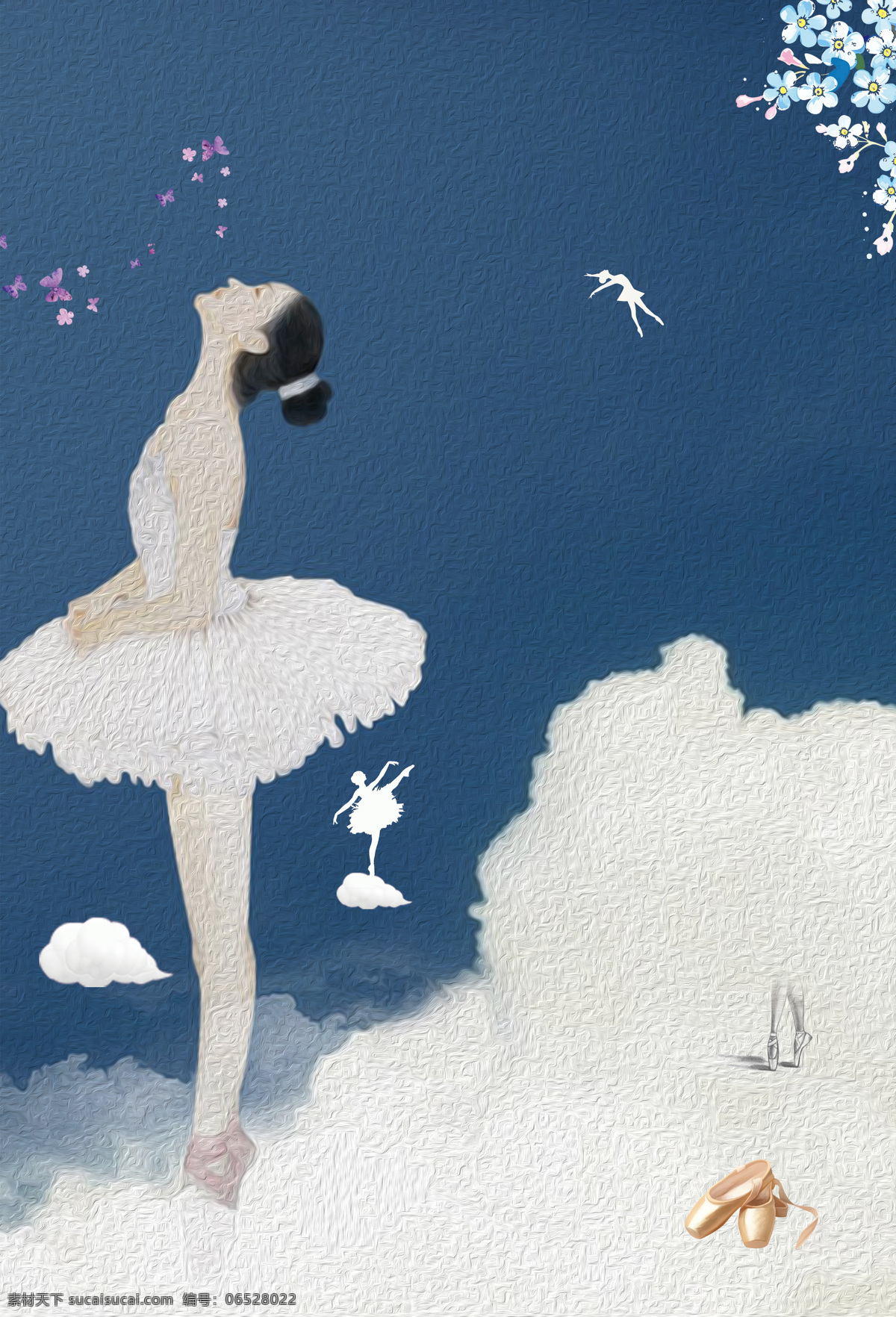 浪漫 芭蕾 舞蹈 背景 宣传 蓝色 底纹 云朵 油画 白衣小天鹅 芭蕾舞蹈 广告背景