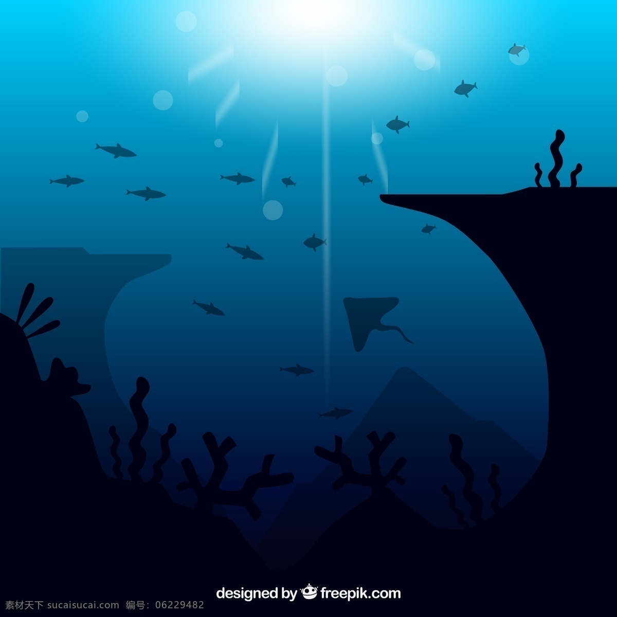 创意 深海 海底 风景 矢量 太阳 阳光 鱼群
