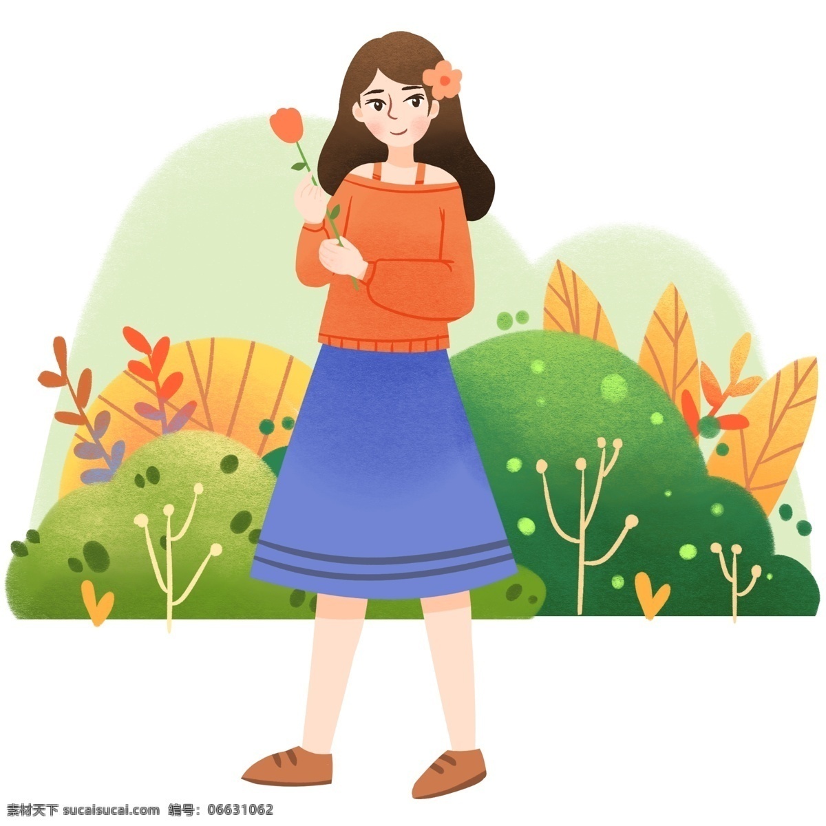 踏青 采花 小女孩 春游踏青插画 采花的小女孩 橙色的小花 黄色的叶子 植物装饰 卡通人物