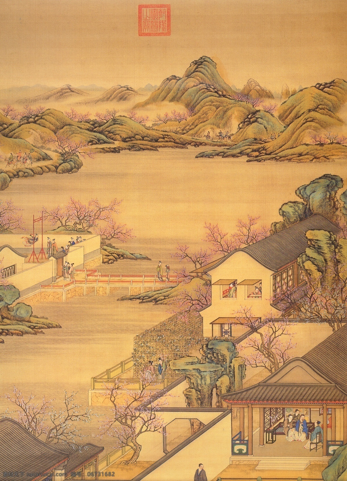 古建筑 画 人物画 古藏画 设计素材 人物名画 古典藏画 书画美术 黄色