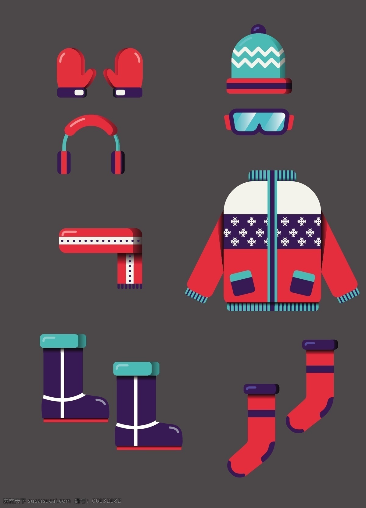 冬天 滑雪 用品 插画 帽子 鞋子 衣服 手套