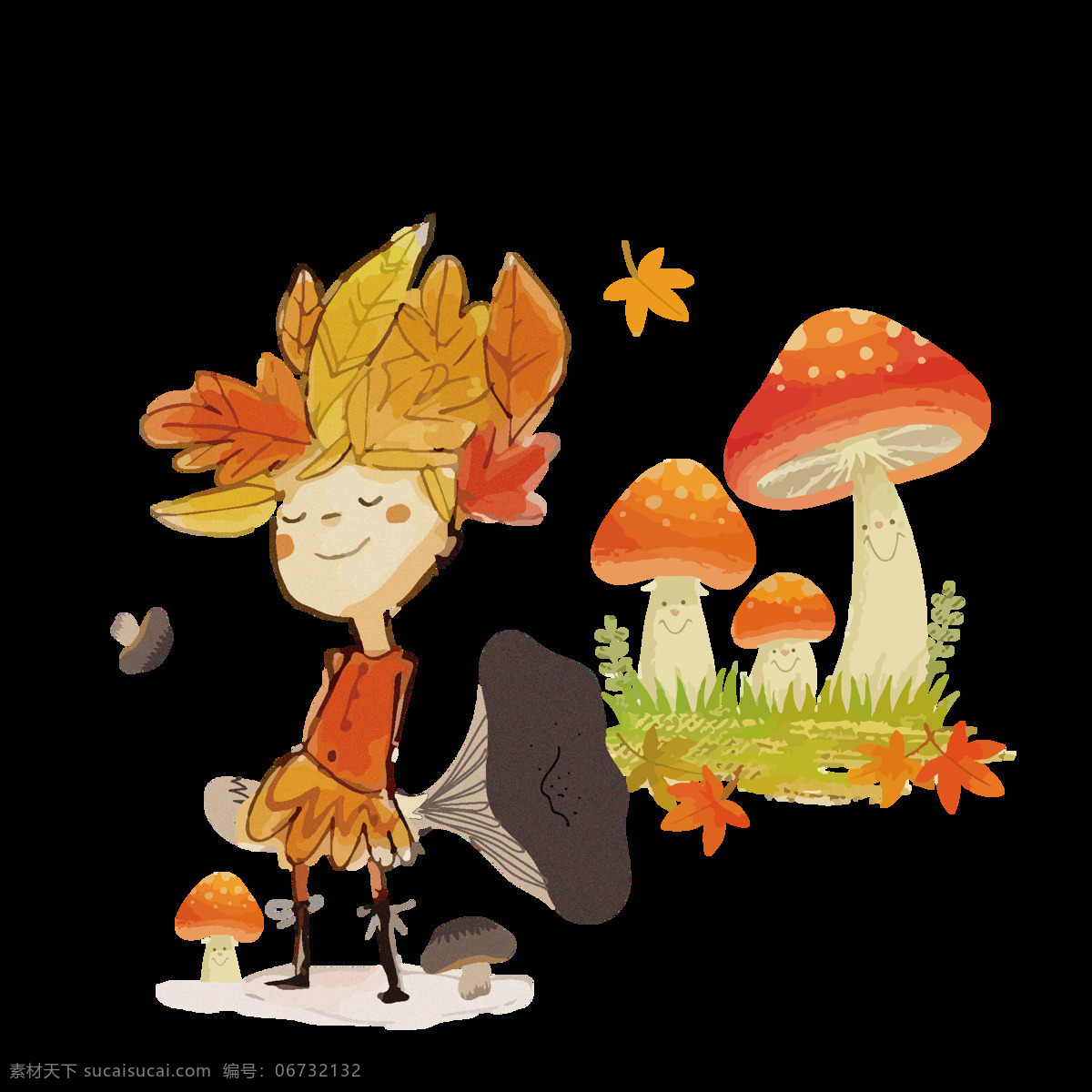 秋收 原创 商用 小 男孩 立秋 秋季 二十四节气 元素 秋天 丰收 蘑菇 树叶 手绘