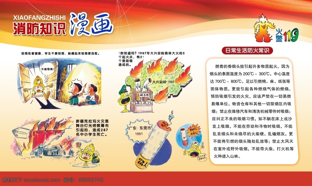 消防 消防展版 知识 漫画 吸烟 烟头 儿童 展板模板 广告设计模板 源文件