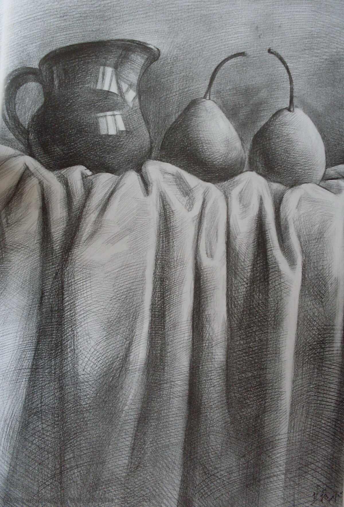 静物素描 静物 素描 素描静物 中考素描 素描作品 作品 学生作品 高考素描 线描 线条 桌布 布 陶罐 水果 梨子 绘画书法 文化艺术