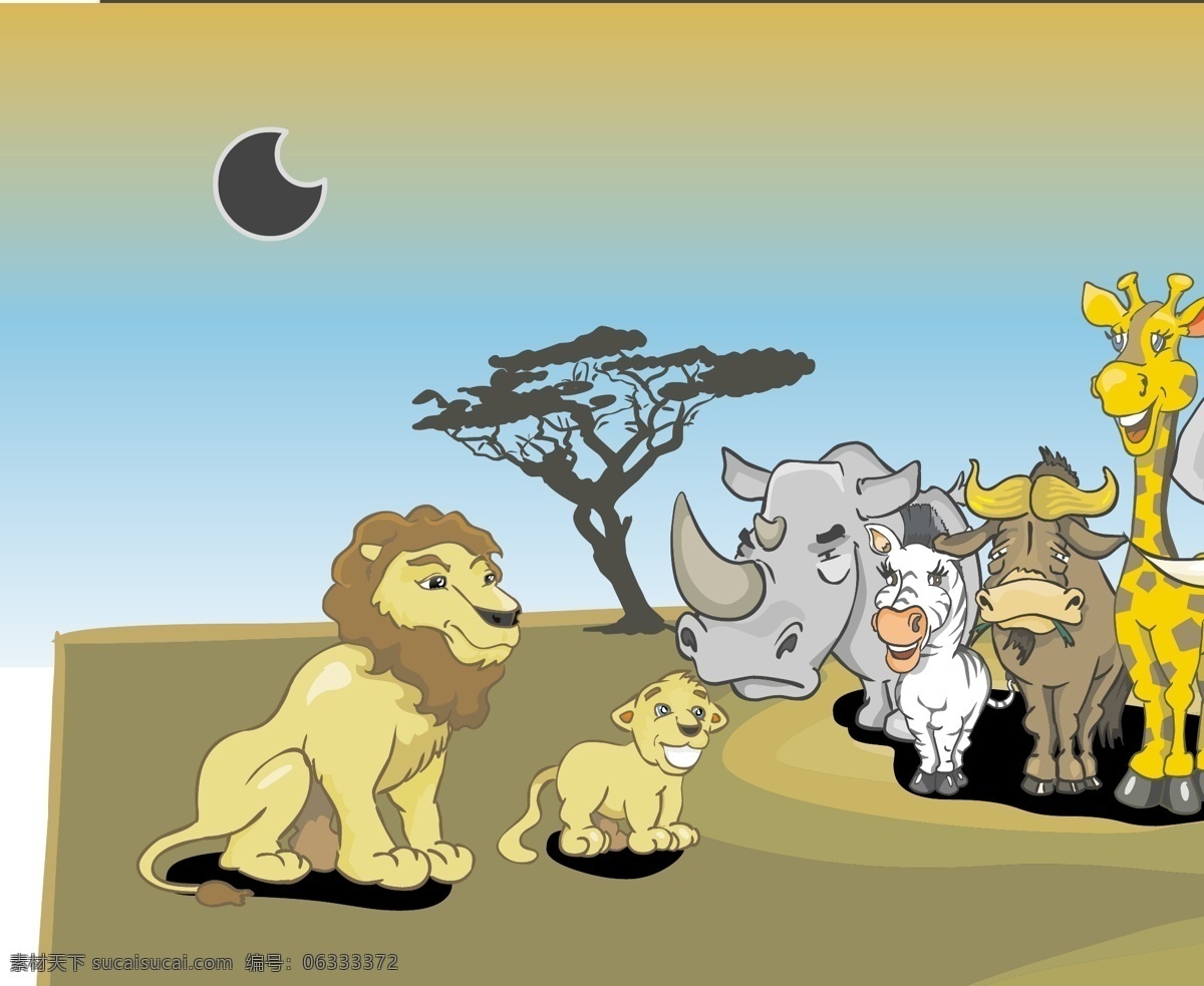 可爱的动物 ai格式 长颈鹿 大象 动物 可爱 鹿 模板 设计稿 狮子 矢量素材 犀牛 马匹 树木 月亮 素材元素 源文件 矢量图