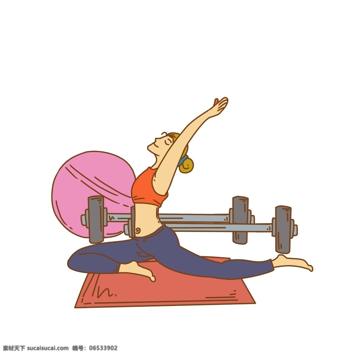 健身 练 瑜伽 小女孩 红色的垫子 健身锻炼 红色的圆球 人物 手绘 插画 黑色 健身器材
